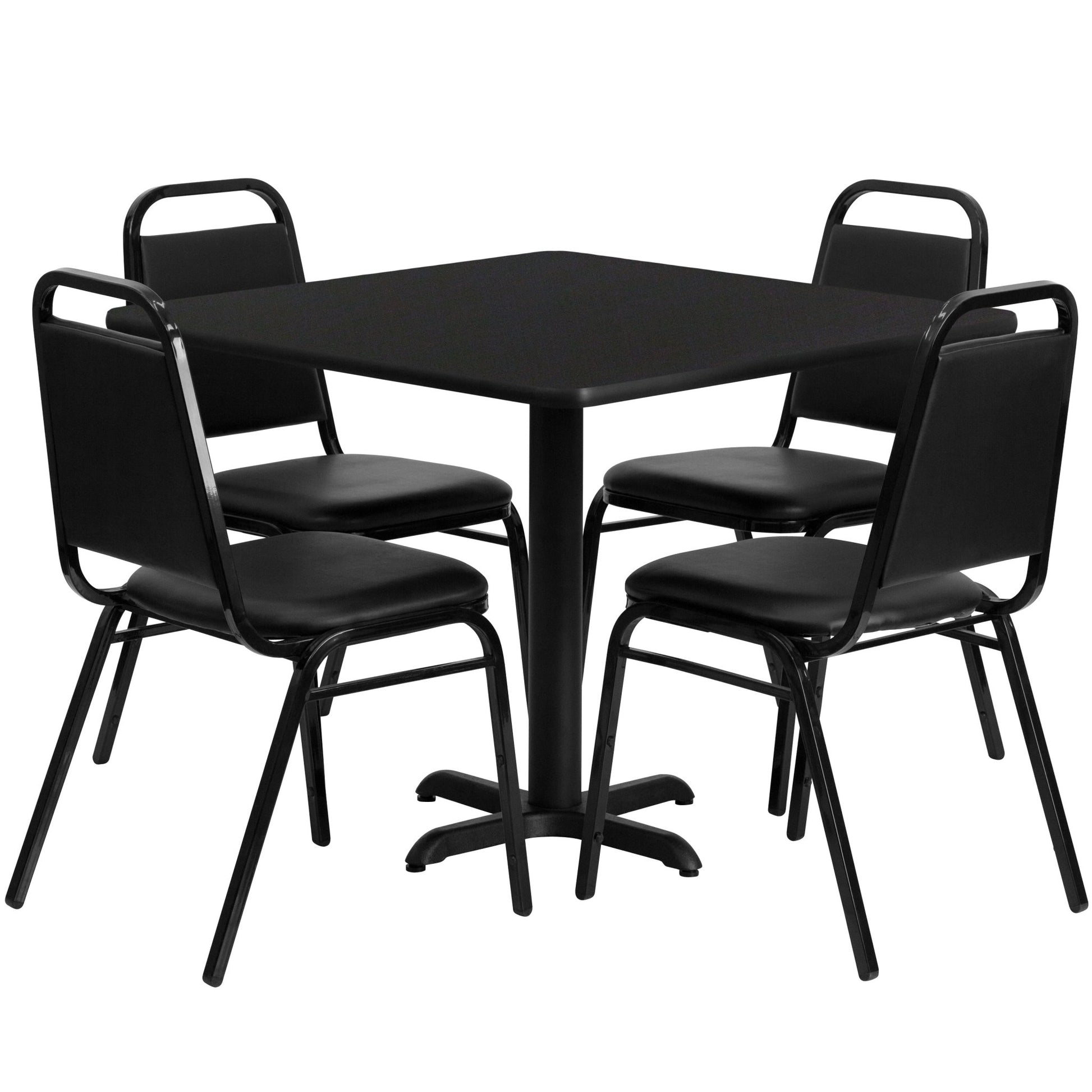 Carlton 36'' Square Laminate Table Set with X - Base and 4 Black Trapezoidal Back Banquet Chairs by Flash Furniture - SchoolOutlet
