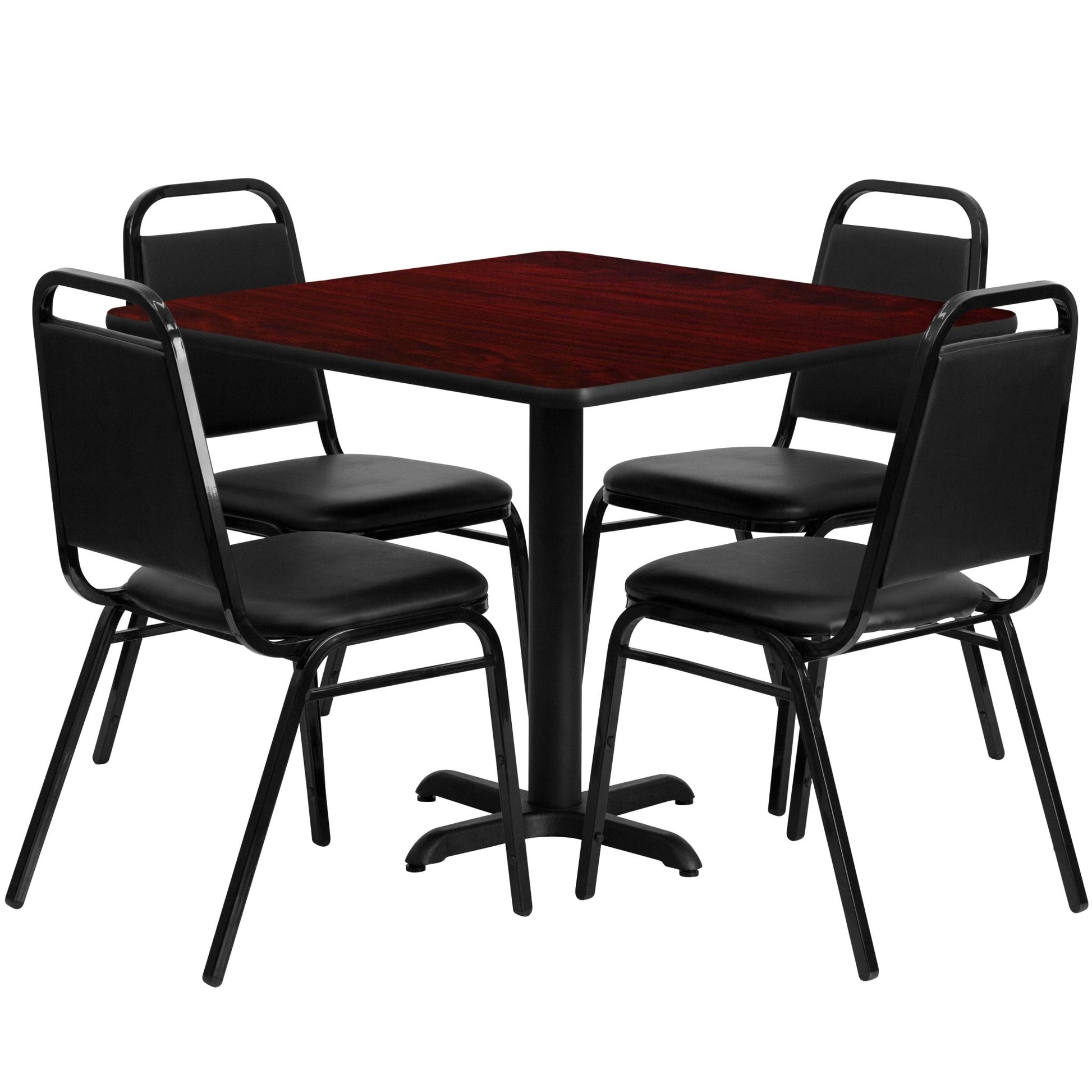 Carlton 36'' Square Laminate Table Set with X - Base and 4 Black Trapezoidal Back Banquet Chairs by Flash Furniture - SchoolOutlet