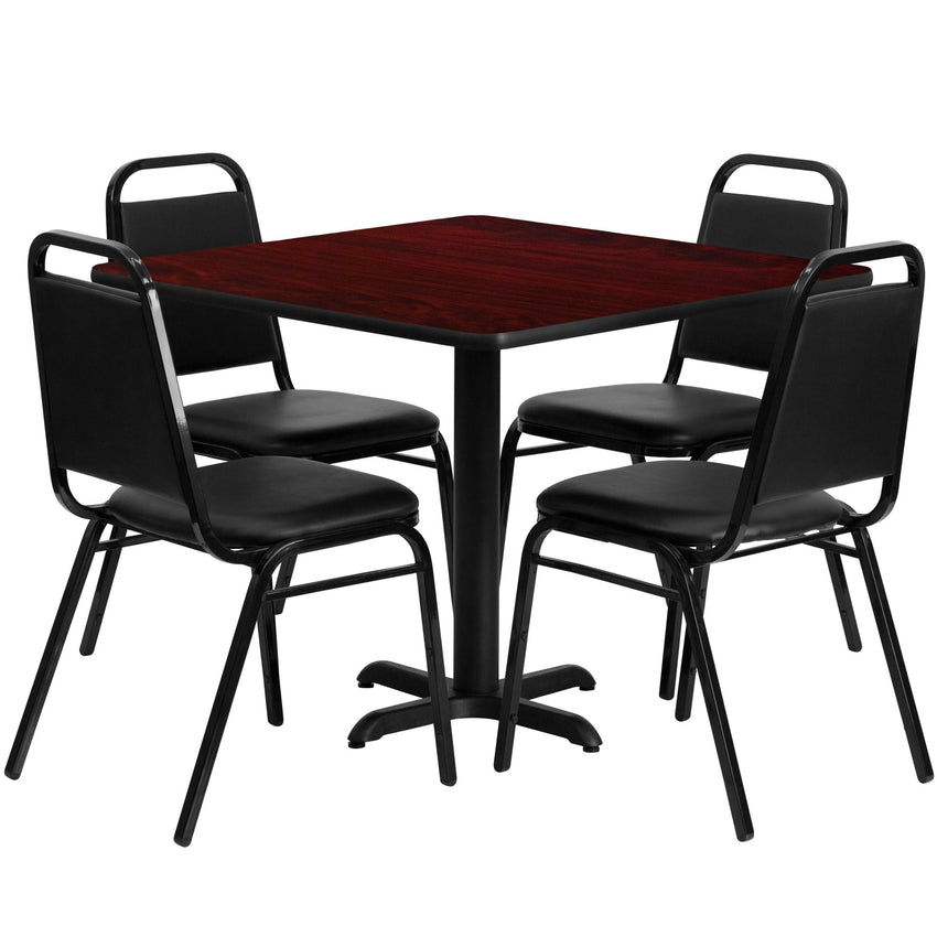Carlton 36'' Square Laminate Table Set with X - Base and 4 Black Trapezoidal Back Banquet Chairs by Flash Furniture - SchoolOutlet