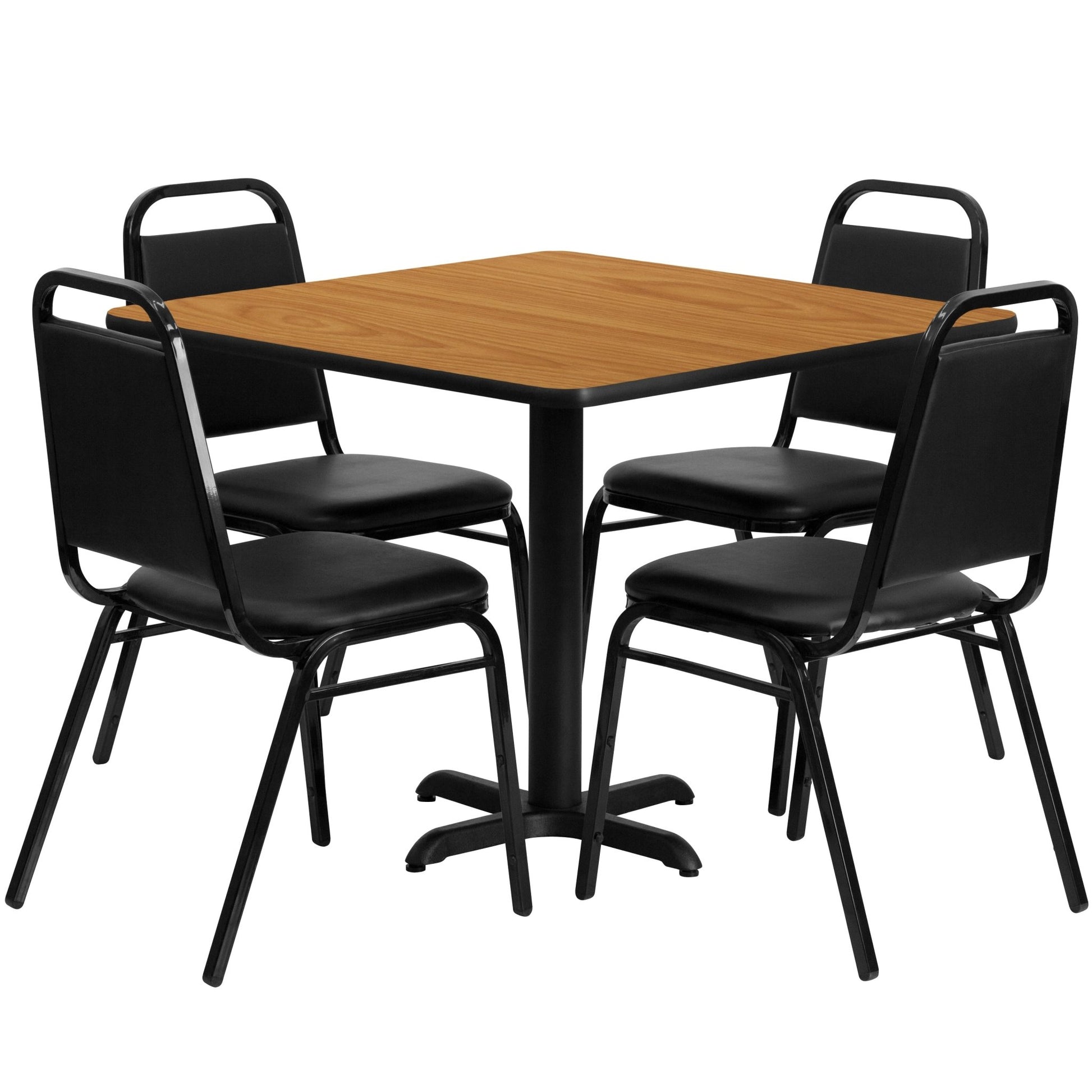 Carlton 36'' Square Laminate Table Set with X - Base and 4 Black Trapezoidal Back Banquet Chairs by Flash Furniture - SchoolOutlet
