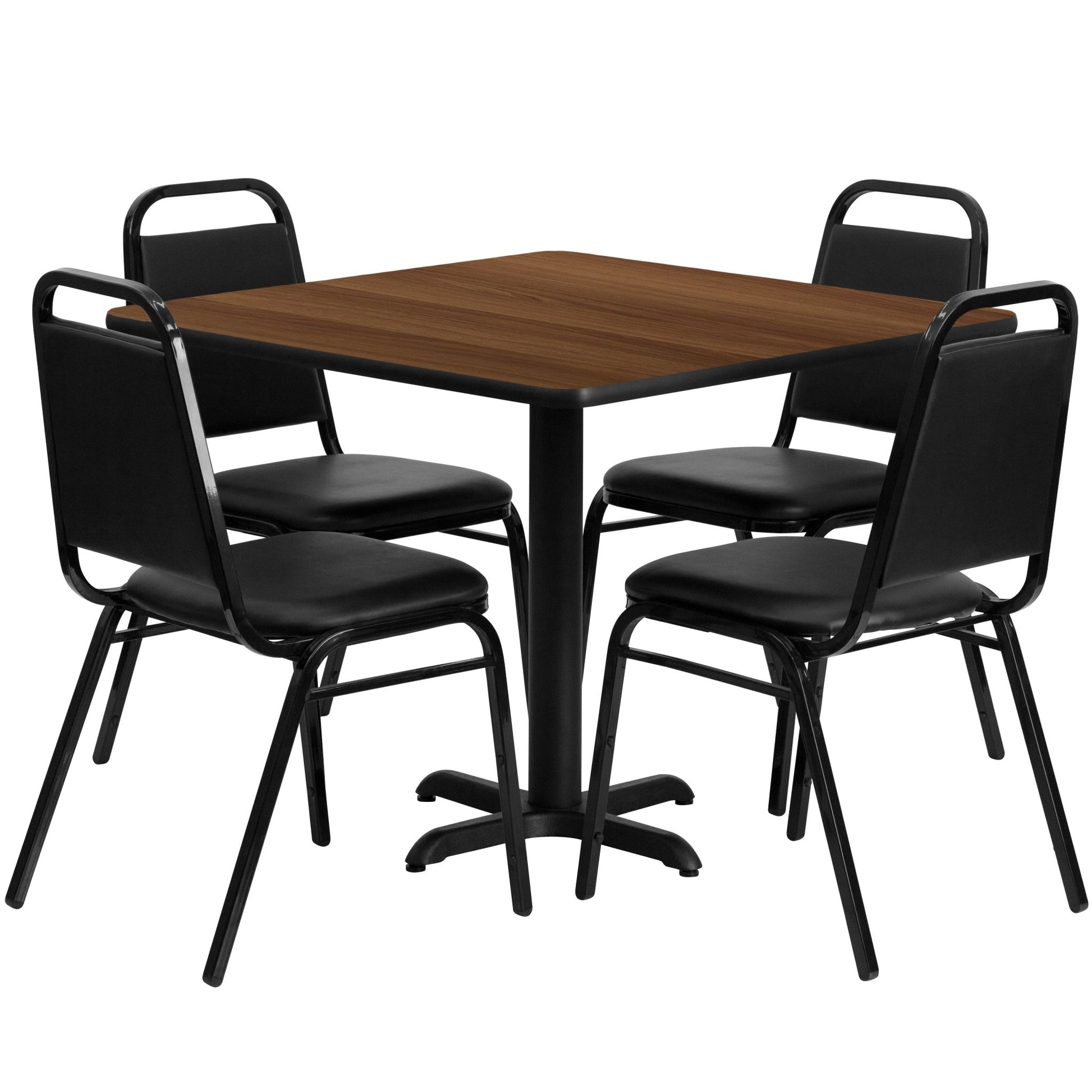 Carlton 36'' Square Laminate Table Set with X - Base and 4 Black Trapezoidal Back Banquet Chairs by Flash Furniture - SchoolOutlet