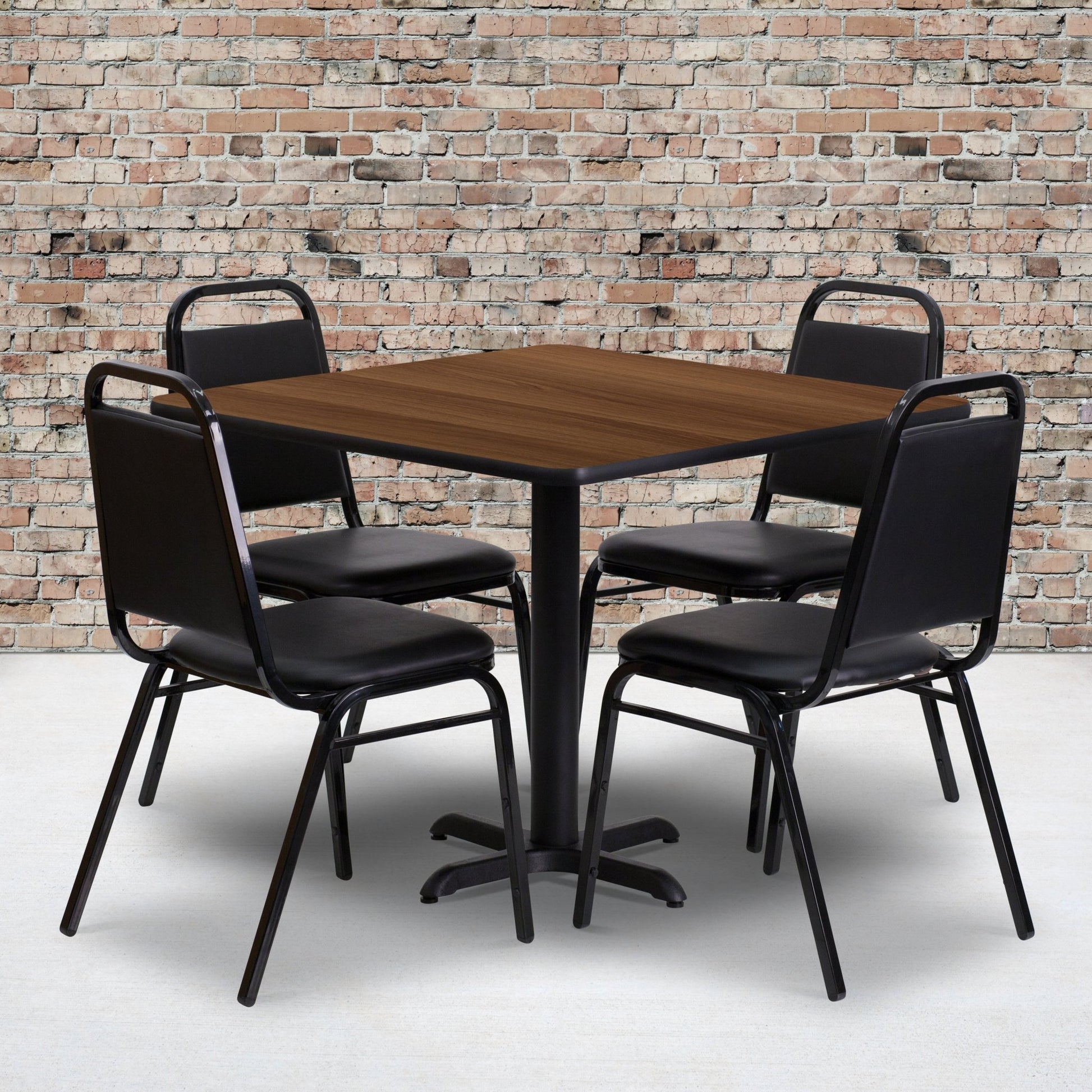 Carlton 36'' Square Laminate Table Set with X - Base and 4 Black Trapezoidal Back Banquet Chairs by Flash Furniture - SchoolOutlet
