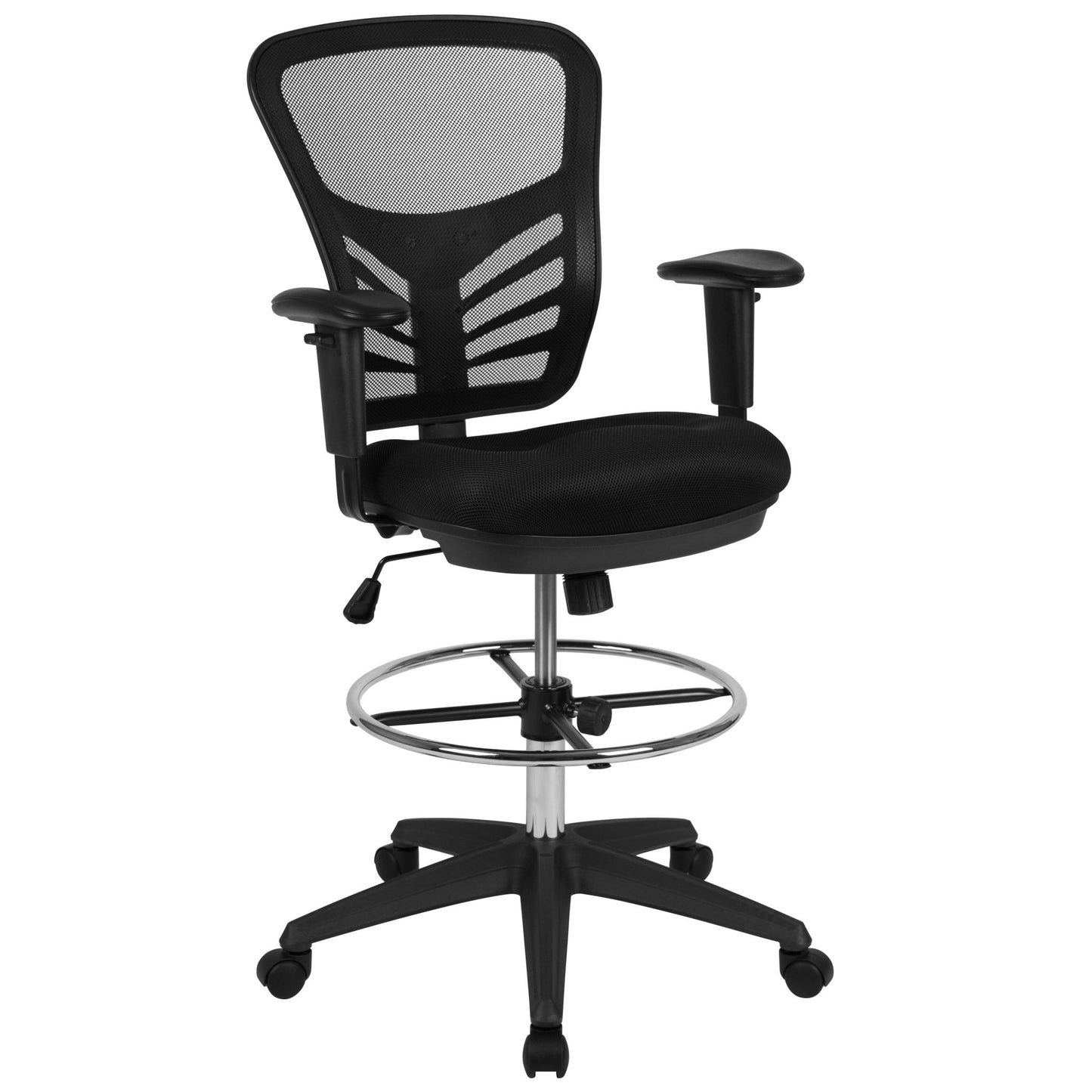 Tyler Mid - Back Mesh Ergonomic Drafting Chair with Adjustable Chrome Foot Ring and Adjustable Arms by Flash Furniture - SchoolOutlet