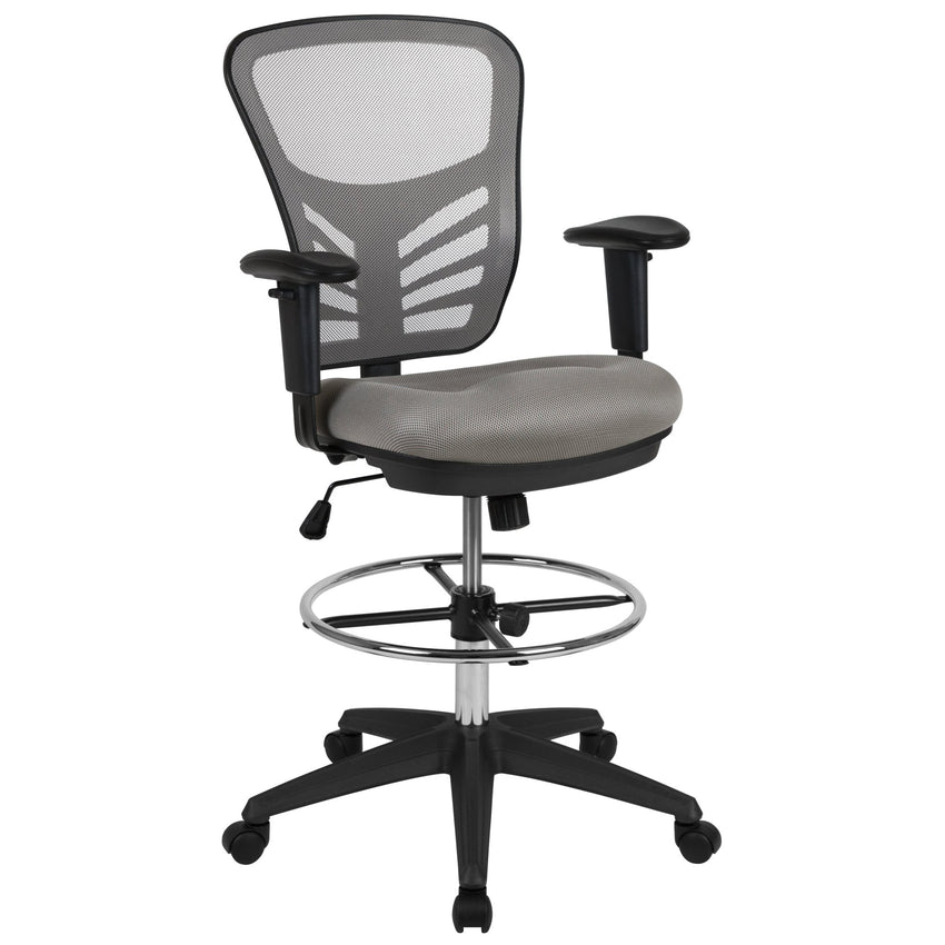 Tyler Mid - Back Mesh Ergonomic Drafting Chair with Adjustable Chrome Foot Ring and Adjustable Arms by Flash Furniture - SchoolOutlet
