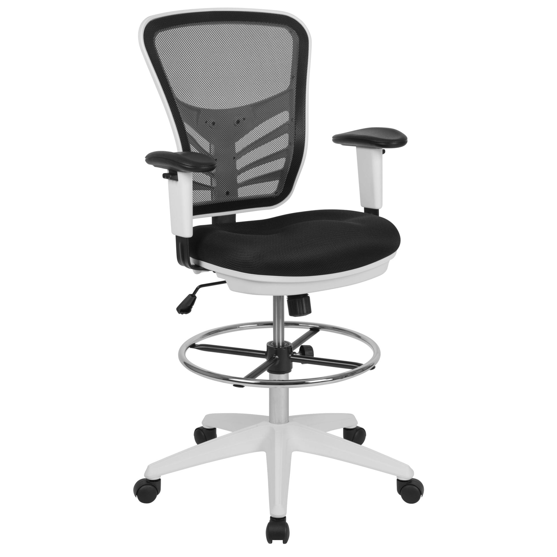 Tyler Mid - Back Mesh Ergonomic Drafting Chair with Adjustable Chrome Foot Ring and Adjustable Arms by Flash Furniture - SchoolOutlet