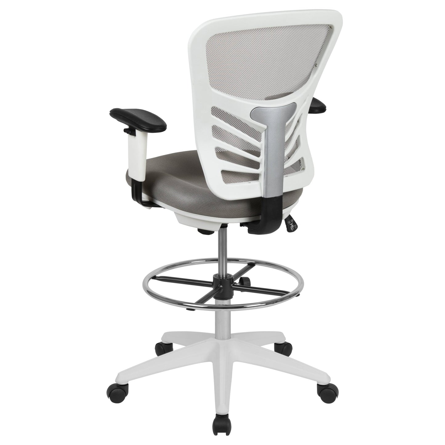 Tyler Mid - Back Mesh Ergonomic Drafting Chair with Adjustable Chrome Foot Ring and Adjustable Arms by Flash Furniture - SchoolOutlet