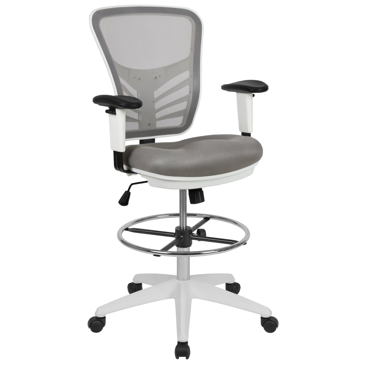 Tyler Mid - Back Mesh Ergonomic Drafting Chair with Adjustable Chrome Foot Ring and Adjustable Arms by Flash Furniture - SchoolOutlet