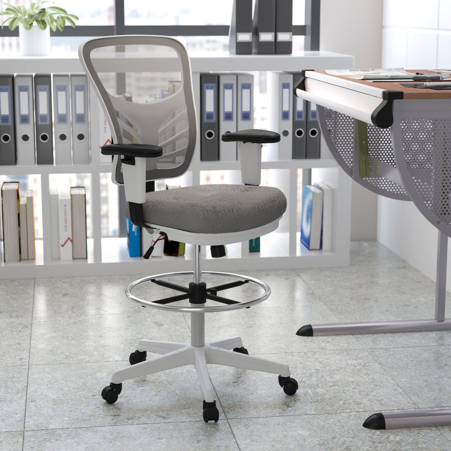 Tyler Mid - Back Mesh Ergonomic Drafting Chair with Adjustable Chrome Foot Ring and Adjustable Arms by Flash Furniture - SchoolOutlet