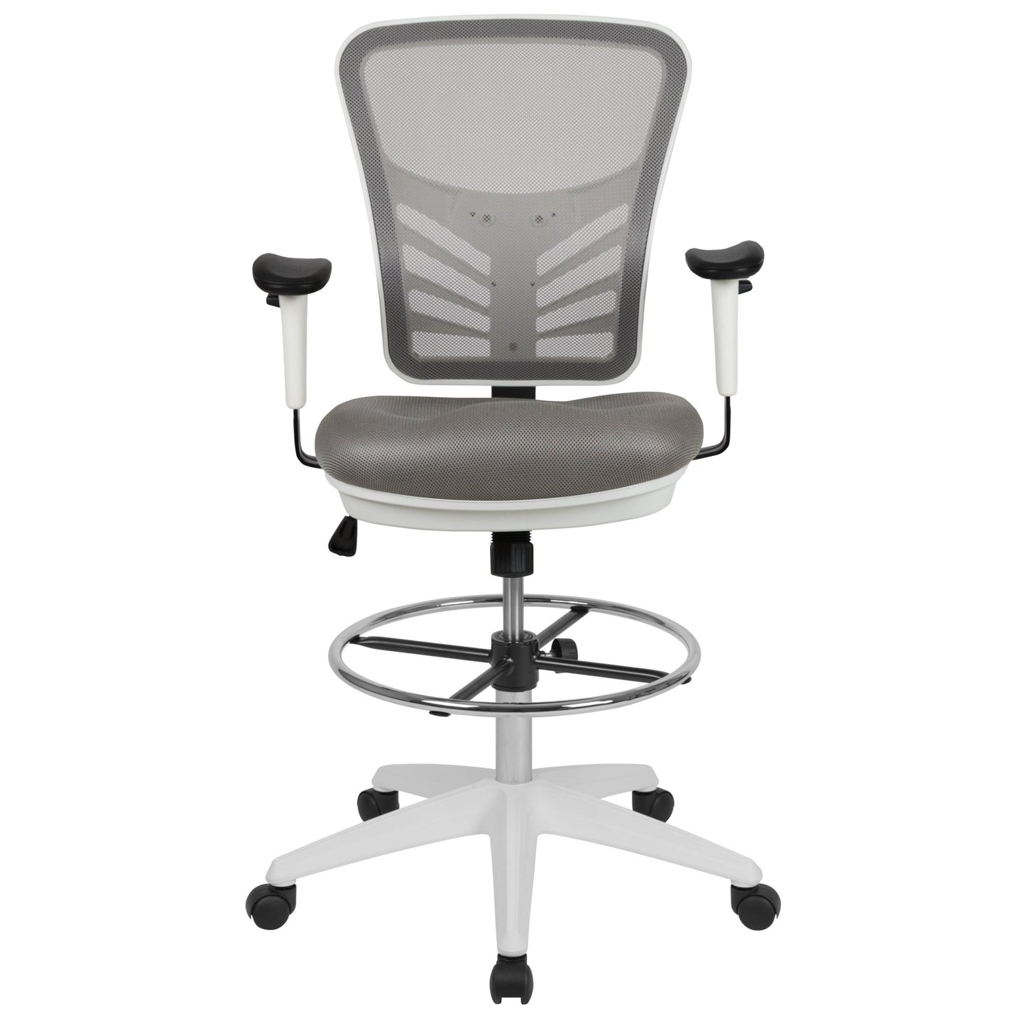 Tyler Mid - Back Mesh Ergonomic Drafting Chair with Adjustable Chrome Foot Ring and Adjustable Arms by Flash Furniture - SchoolOutlet