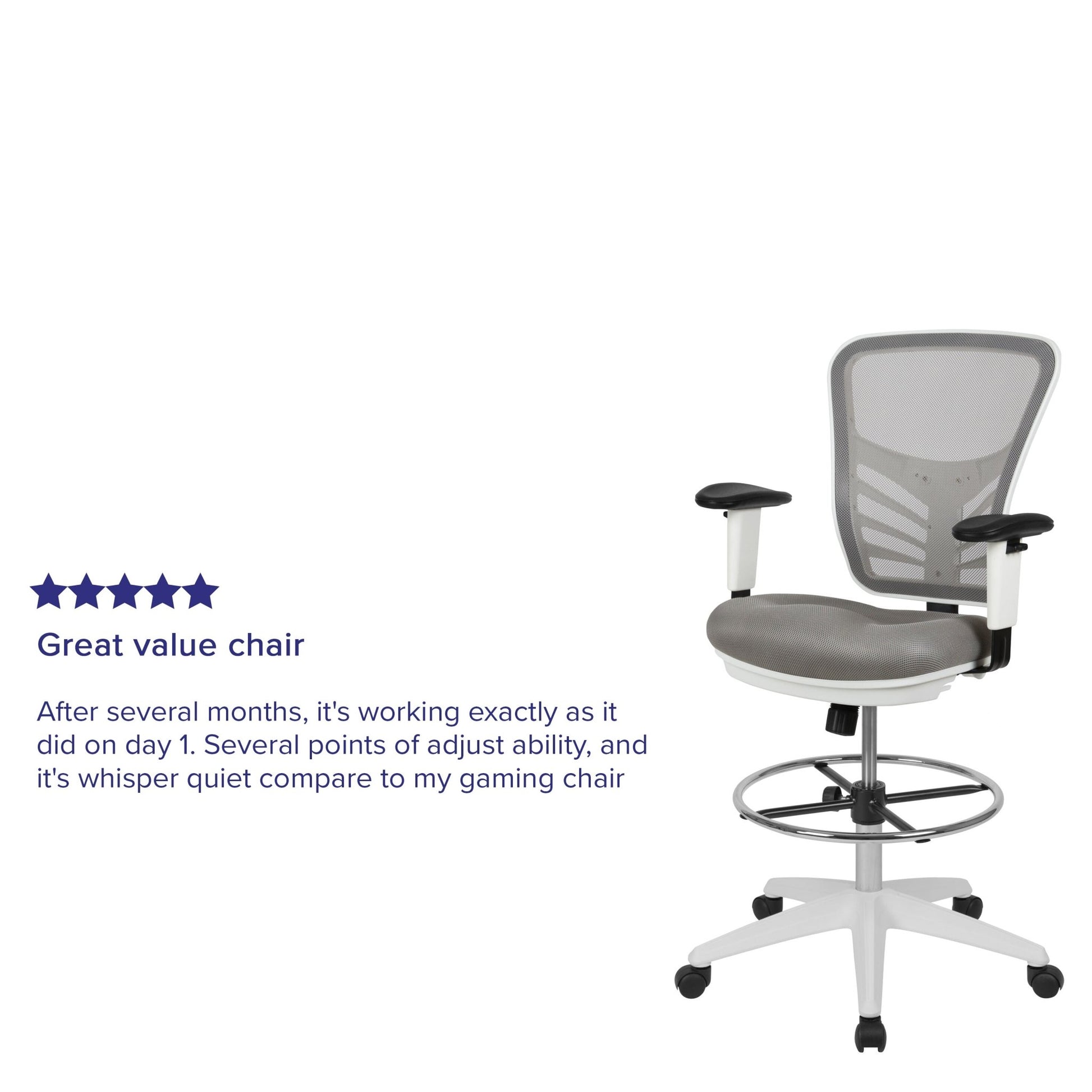 Tyler Mid - Back Mesh Ergonomic Drafting Chair with Adjustable Chrome Foot Ring and Adjustable Arms by Flash Furniture - SchoolOutlet