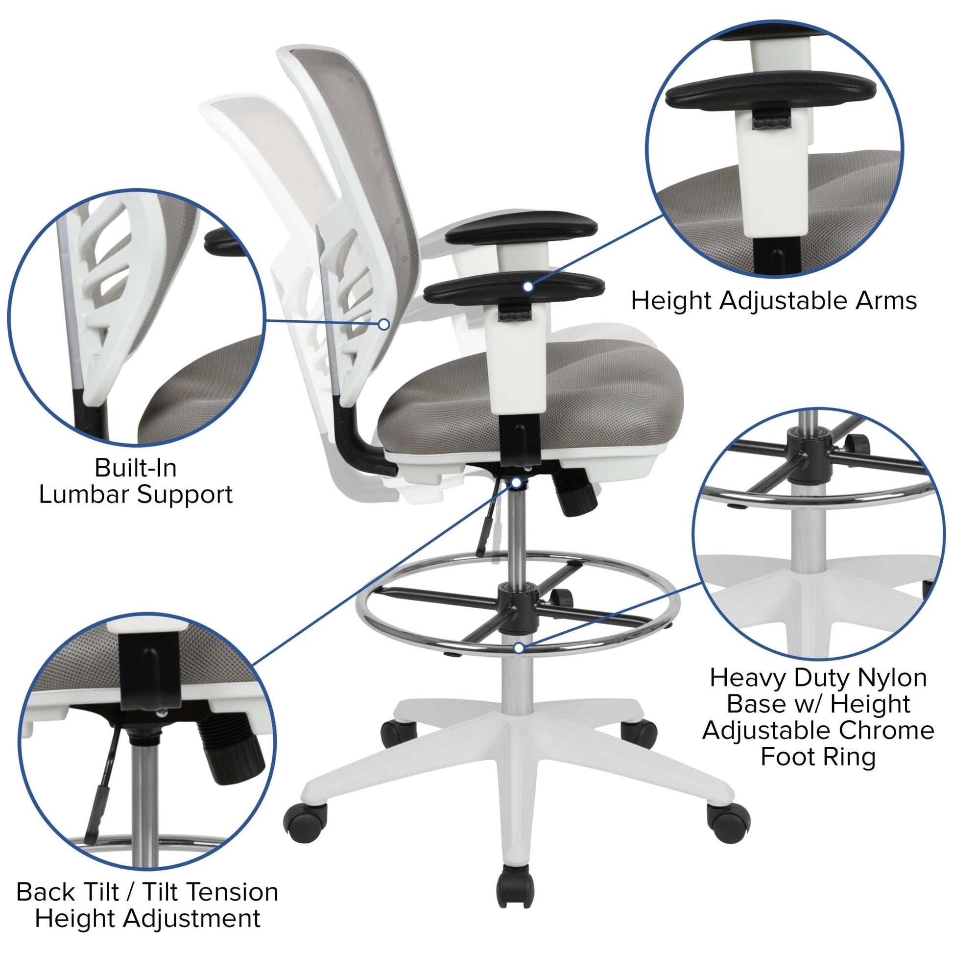Tyler Mid - Back Mesh Ergonomic Drafting Chair with Adjustable Chrome Foot Ring and Adjustable Arms by Flash Furniture - SchoolOutlet