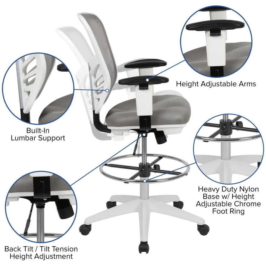 Tyler Mid - Back Mesh Ergonomic Drafting Chair with Adjustable Chrome Foot Ring and Adjustable Arms by Flash Furniture - SchoolOutlet