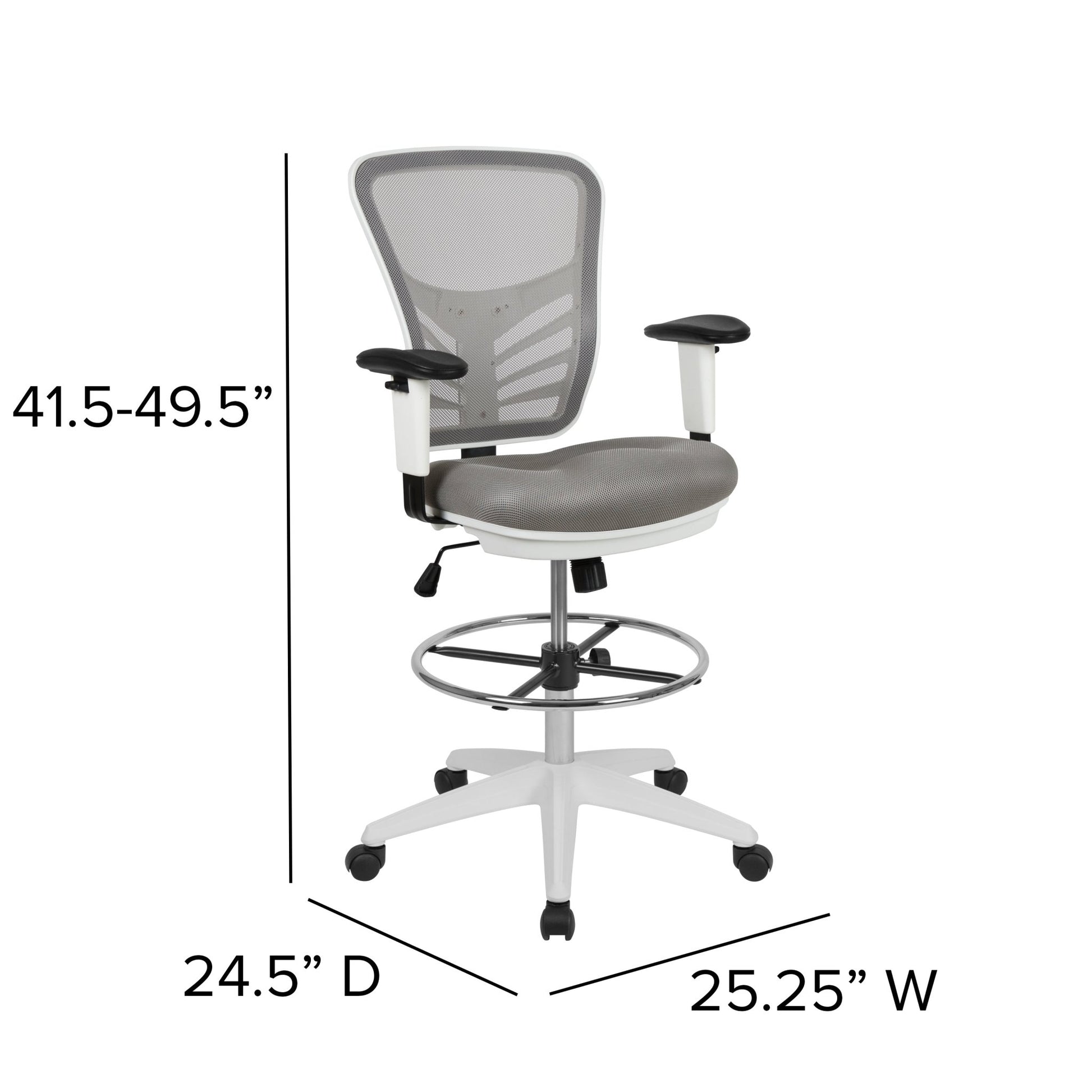 Tyler Mid - Back Mesh Ergonomic Drafting Chair with Adjustable Chrome Foot Ring and Adjustable Arms by Flash Furniture - SchoolOutlet