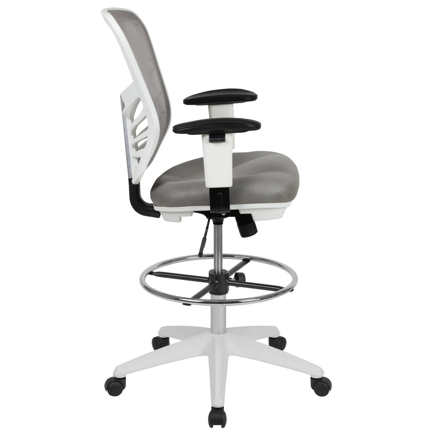 Tyler Mid - Back Mesh Ergonomic Drafting Chair with Adjustable Chrome Foot Ring and Adjustable Arms by Flash Furniture - SchoolOutlet