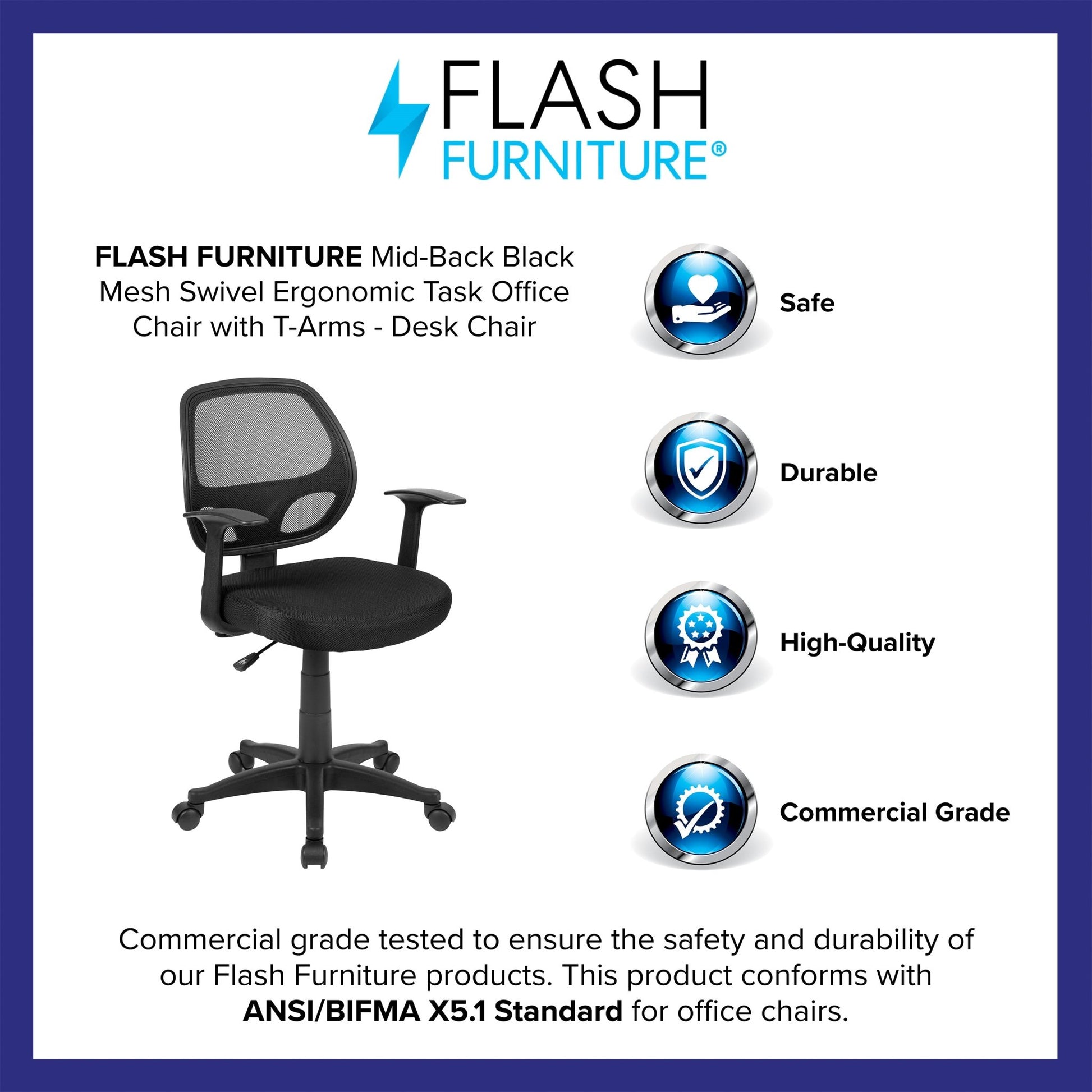 Mallard Mid - Back Black Mesh Swivel Ergonomic Task Office Chair with T - Arms - Desk Chair by Flash Furniture - SchoolOutlet