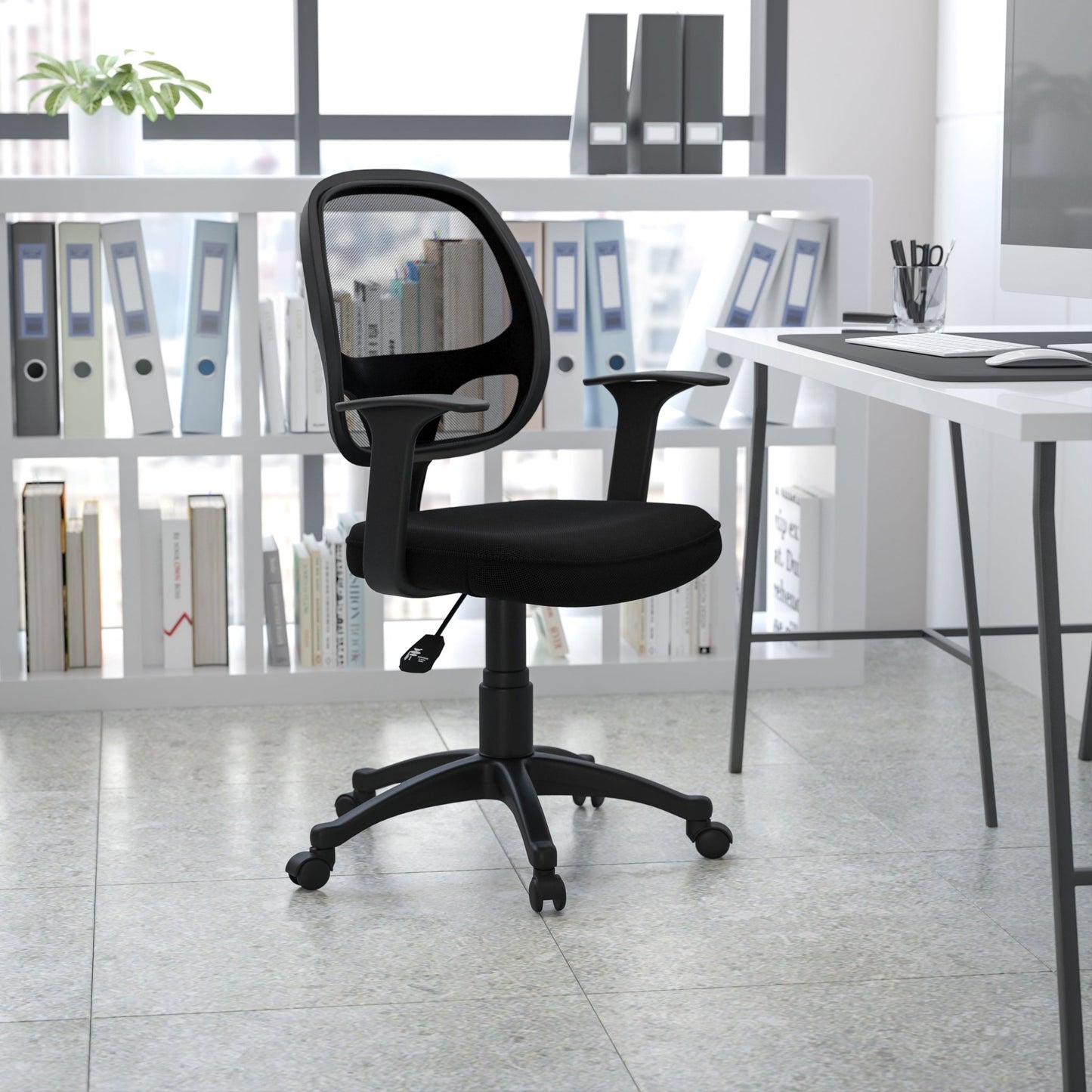 Mallard Mid - Back Black Mesh Swivel Ergonomic Task Office Chair with T - Arms - Desk Chair by Flash Furniture - SchoolOutlet