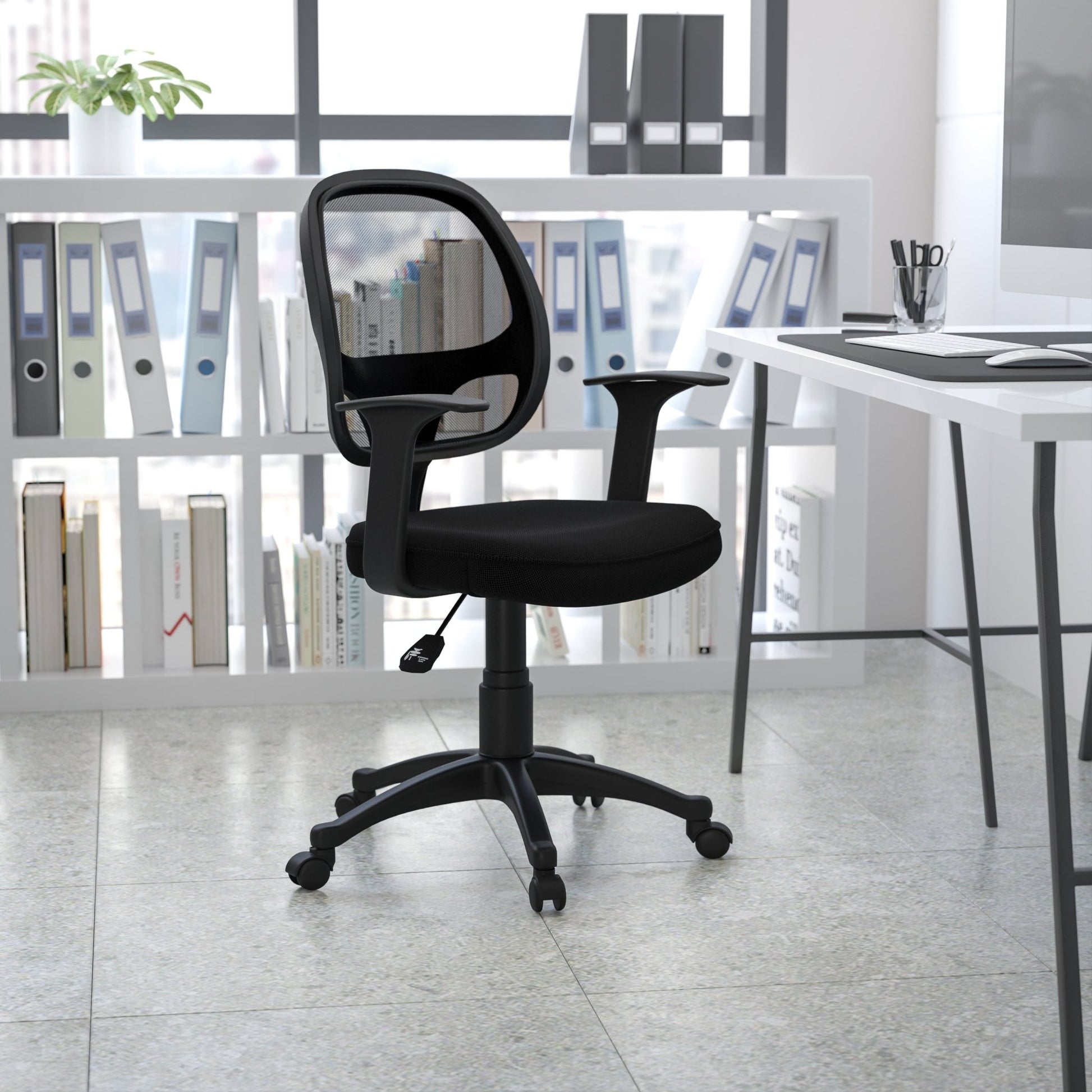 Mallard Mid - Back Black Mesh Swivel Ergonomic Task Office Chair with T - Arms - Desk Chair by Flash Furniture - SchoolOutlet