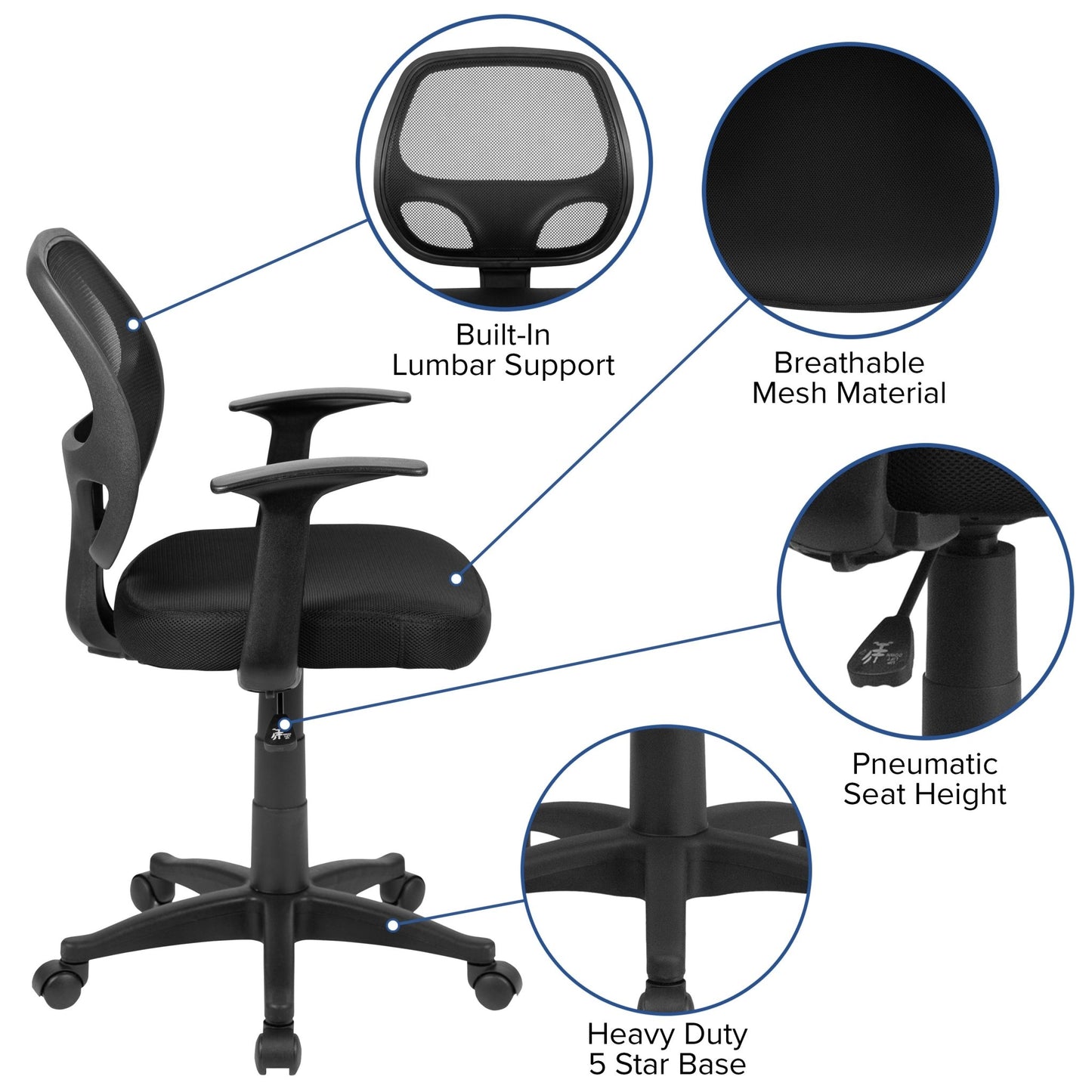 Mallard Mid - Back Black Mesh Swivel Ergonomic Task Office Chair with T - Arms - Desk Chair by Flash Furniture - SchoolOutlet