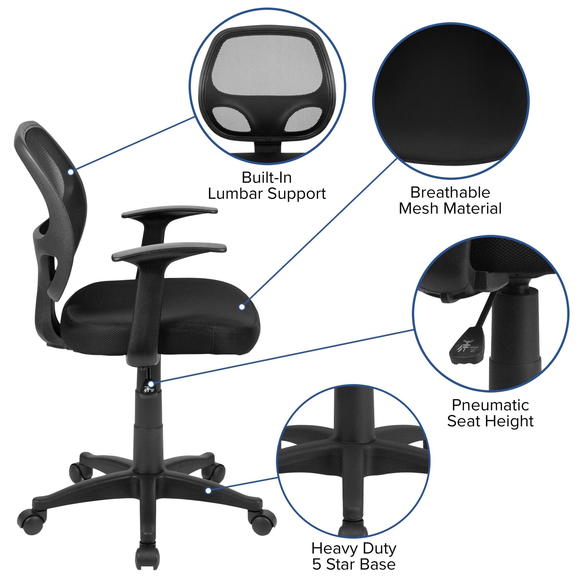 Mallard Mid - Back Black Mesh Swivel Ergonomic Task Office Chair with T - Arms - Desk Chair by Flash Furniture - SchoolOutlet