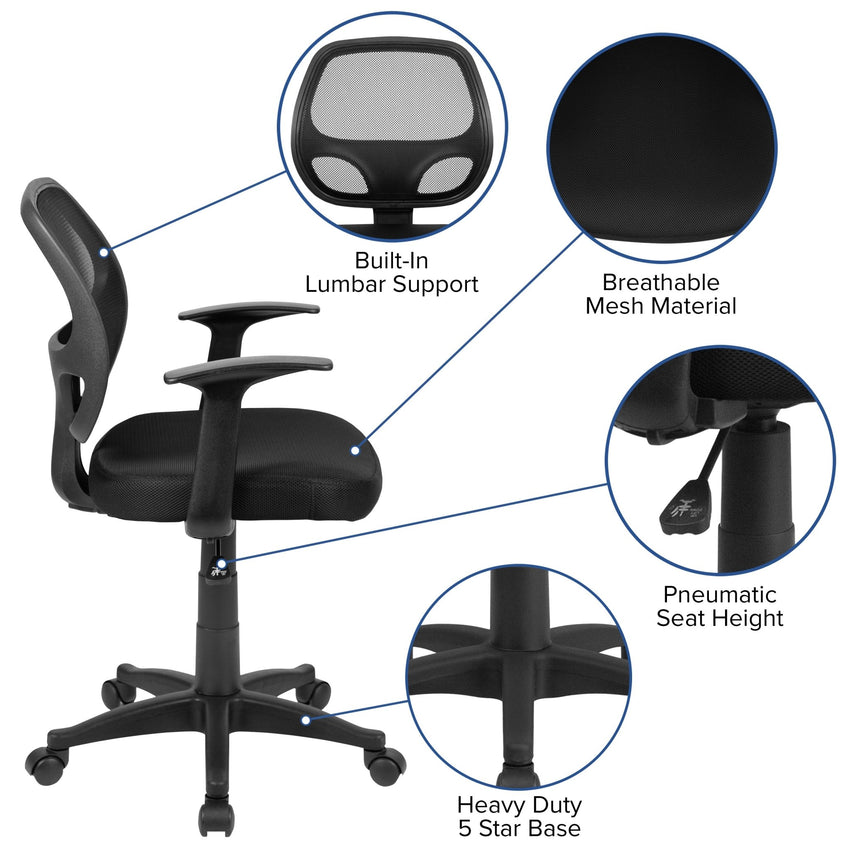 Mallard Mid - Back Black Mesh Swivel Ergonomic Task Office Chair with T - Arms - Desk Chair by Flash Furniture - SchoolOutlet