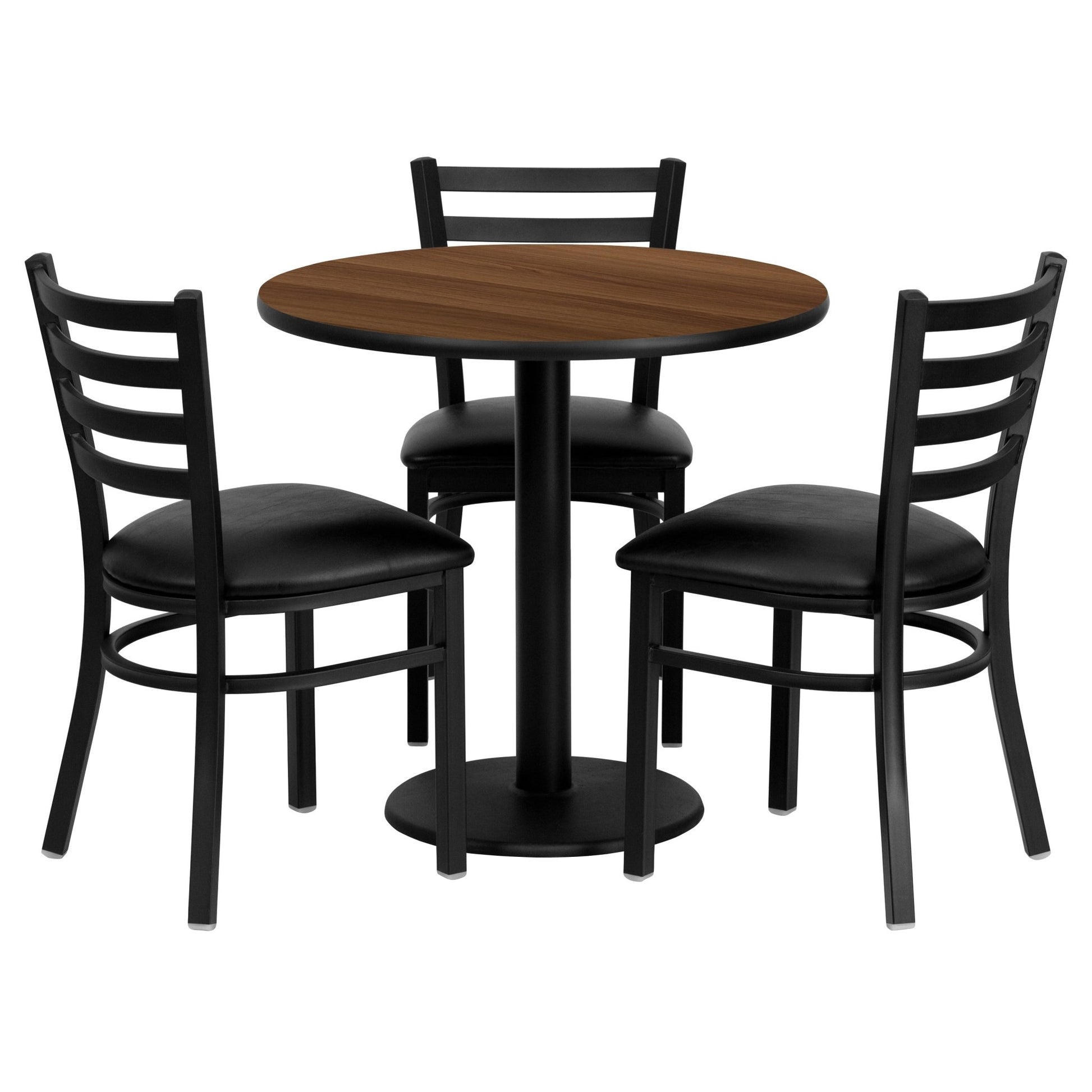 Clark 30'' Round Walnut Laminate Table Set with 3 Ladder Back Metal Chairs - Black Vinyl Seat by Flash Furniture - SchoolOutlet