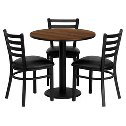 Clark 30'' Round Walnut Laminate Table Set with 3 Ladder Back Metal Chairs - Black Vinyl Seat by Flash Furniture