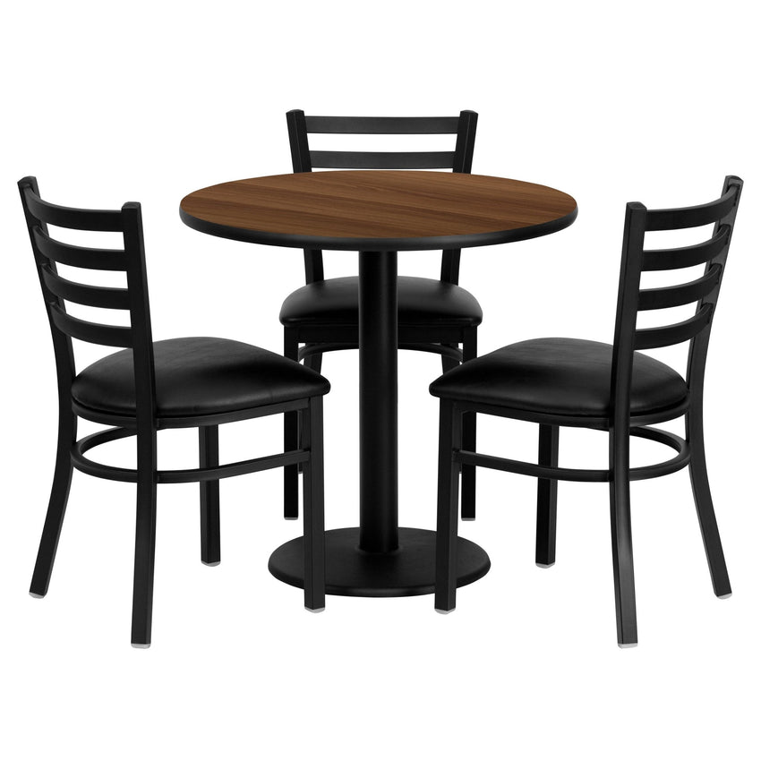 Clark 30'' Round Walnut Laminate Table Set with 3 Ladder Back Metal Chairs - Black Vinyl Seat by Flash Furniture - SchoolOutlet