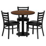 Clark 30'' Round Walnut Laminate Table Set with 3 Ladder Back Metal Chairs - Black Vinyl Seat by Flash Furniture - SchoolOutlet