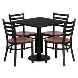 Clark 30'' Square Black Laminate Table Set with 4 Ladder Back Metal Chairs - Cherry Wood Seat by Flash Furniture