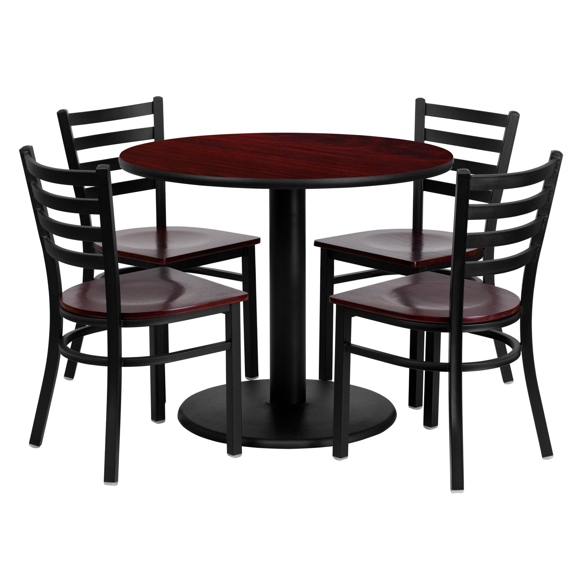 Clark 36'' Round Mahogany Laminate Table Set with 4 Ladder Back Metal Chairs - Mahogany Wood Seat by Flash Furniture - SchoolOutlet