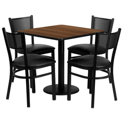 Clark 30'' Square Walnut Laminate Table Set with 4 Grid Back Metal Chairs - Black Vinyl Seat by Flash Furniture