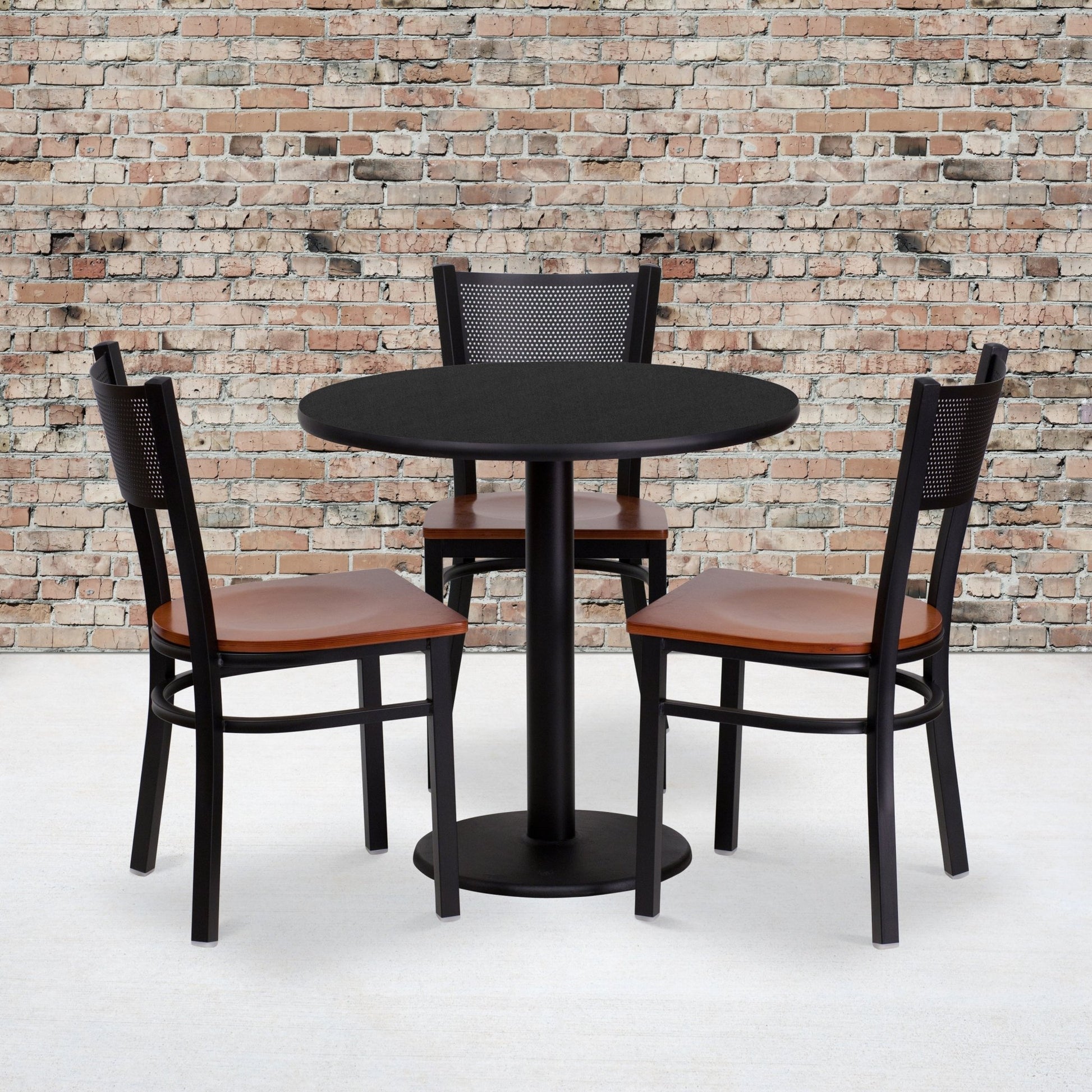 Clark 30'' Round Black Laminate Table Set with 3 Grid Back Metal Chairs - Cherry Wood Seat by Flash Furniture - SchoolOutlet