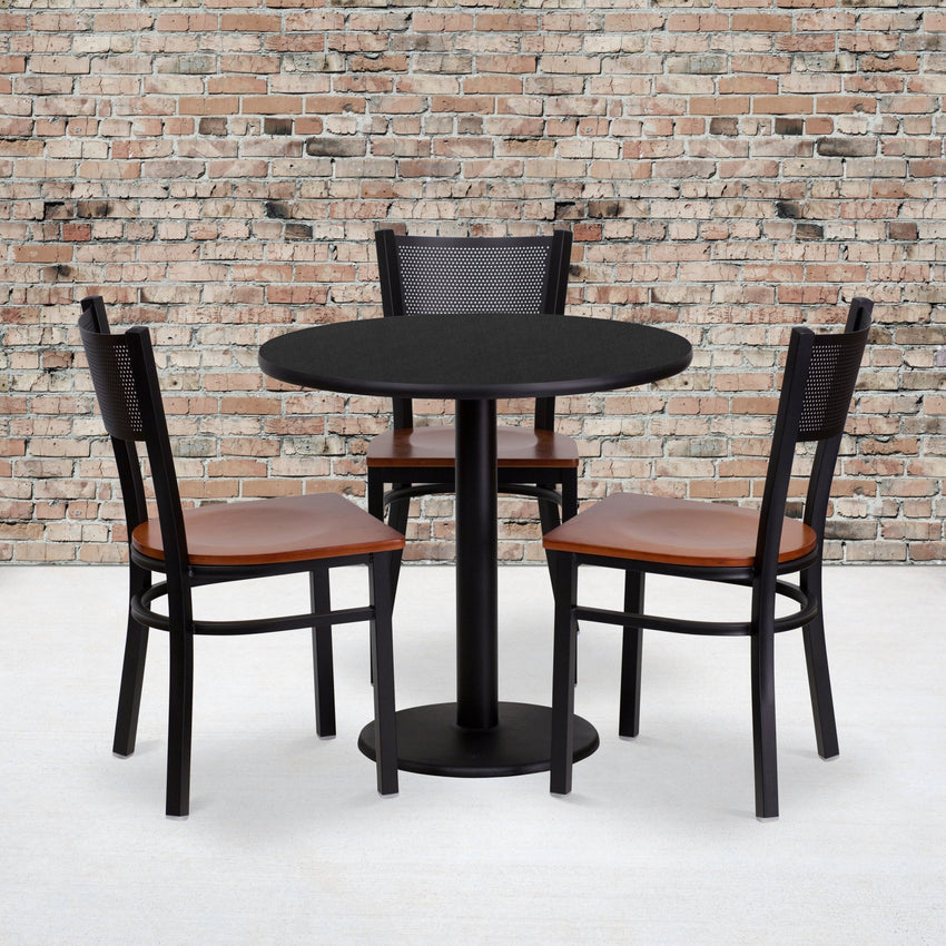 Clark 30'' Round Black Laminate Table Set with 3 Grid Back Metal Chairs - Cherry Wood Seat by Flash Furniture - SchoolOutlet