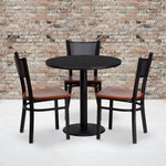 Clark 30'' Round Black Laminate Table Set with 3 Grid Back Metal Chairs - Cherry Wood Seat by Flash Furniture - SchoolOutlet