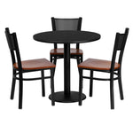 Clark 30'' Round Black Laminate Table Set with 3 Grid Back Metal Chairs - Cherry Wood Seat by Flash Furniture - SchoolOutlet