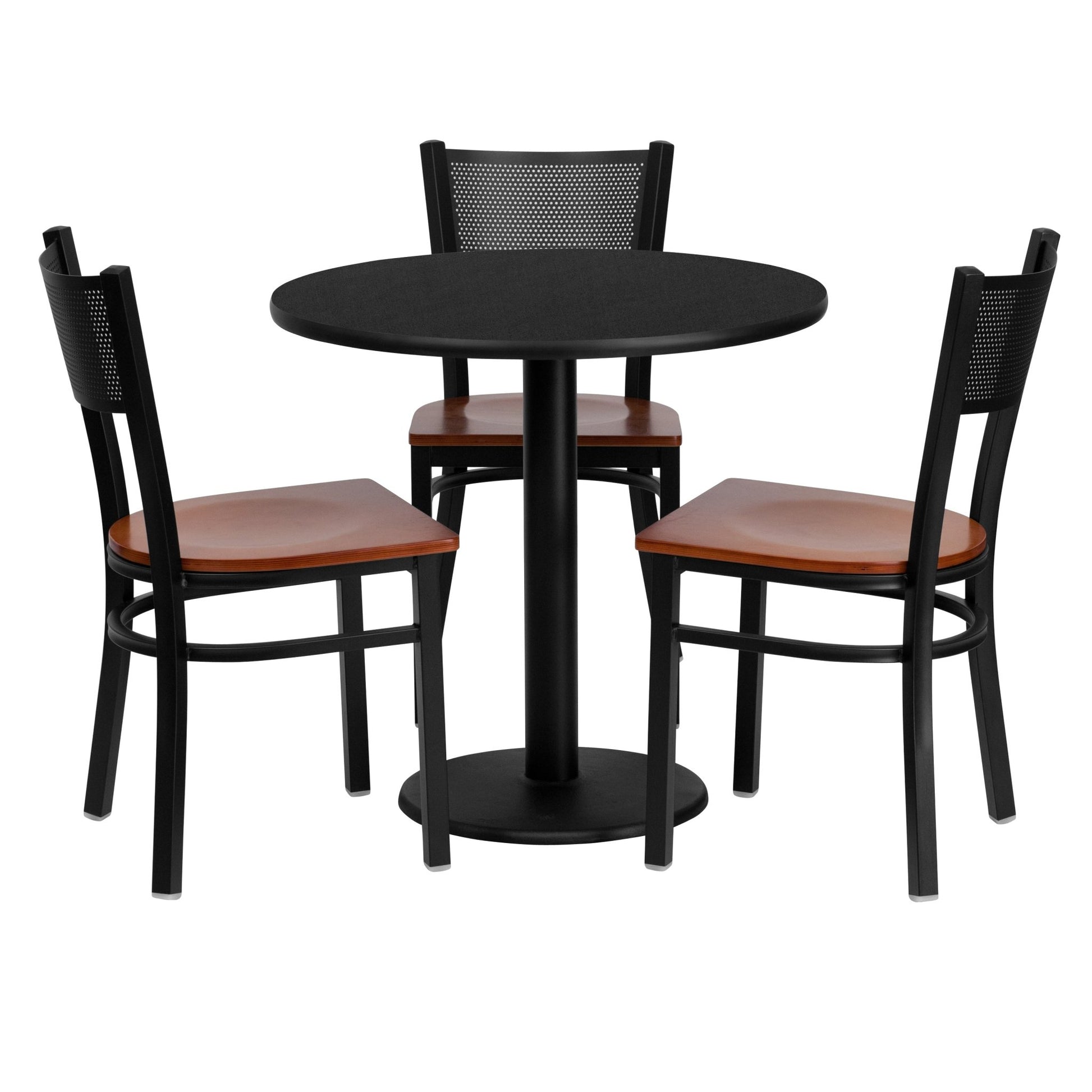 Clark 30'' Round Black Laminate Table Set with 3 Grid Back Metal Chairs - Cherry Wood Seat by Flash Furniture - SchoolOutlet