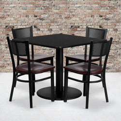 Clark 36'' Square Black Laminate Table Set with 4 Grid Back Metal Chairs - Mahogany Wood Seat by Flash Furniture