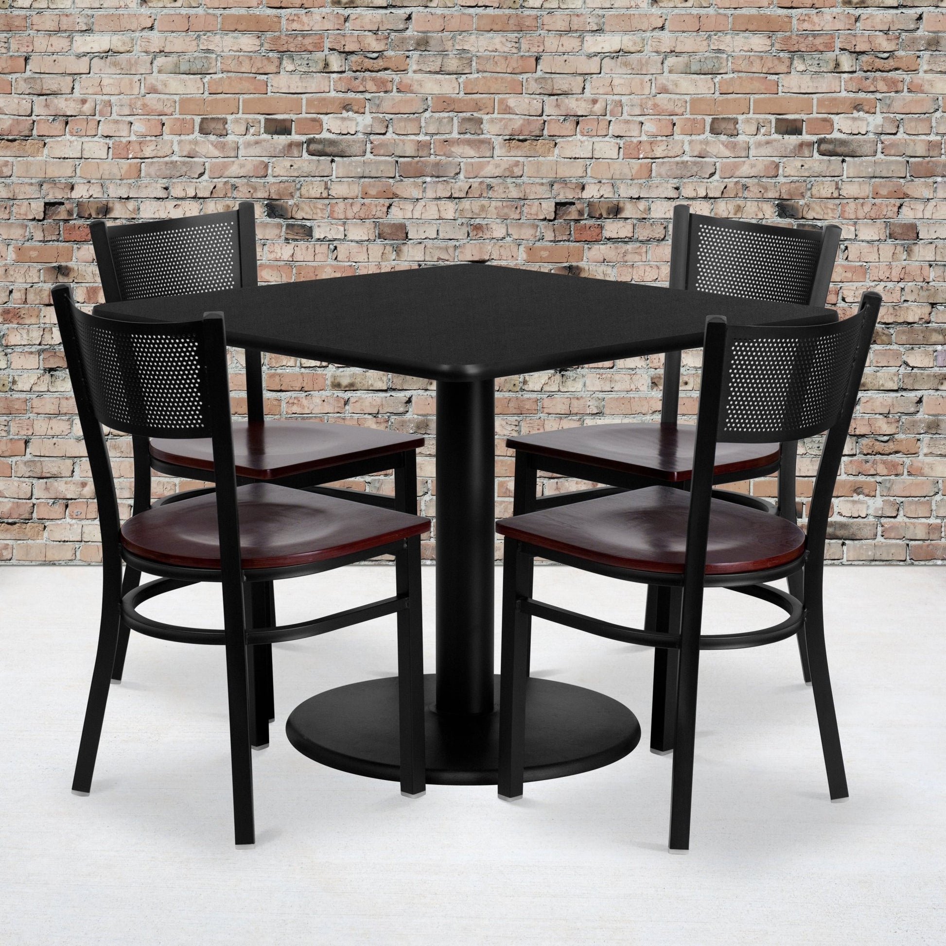 Clark 36'' Square Black Laminate Table Set with 4 Grid Back Metal Chairs - Mahogany Wood Seat by Flash Furniture - SchoolOutlet
