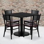 Clark 36'' Square Black Laminate Table Set with 4 Grid Back Metal Chairs - Mahogany Wood Seat by Flash Furniture - SchoolOutlet