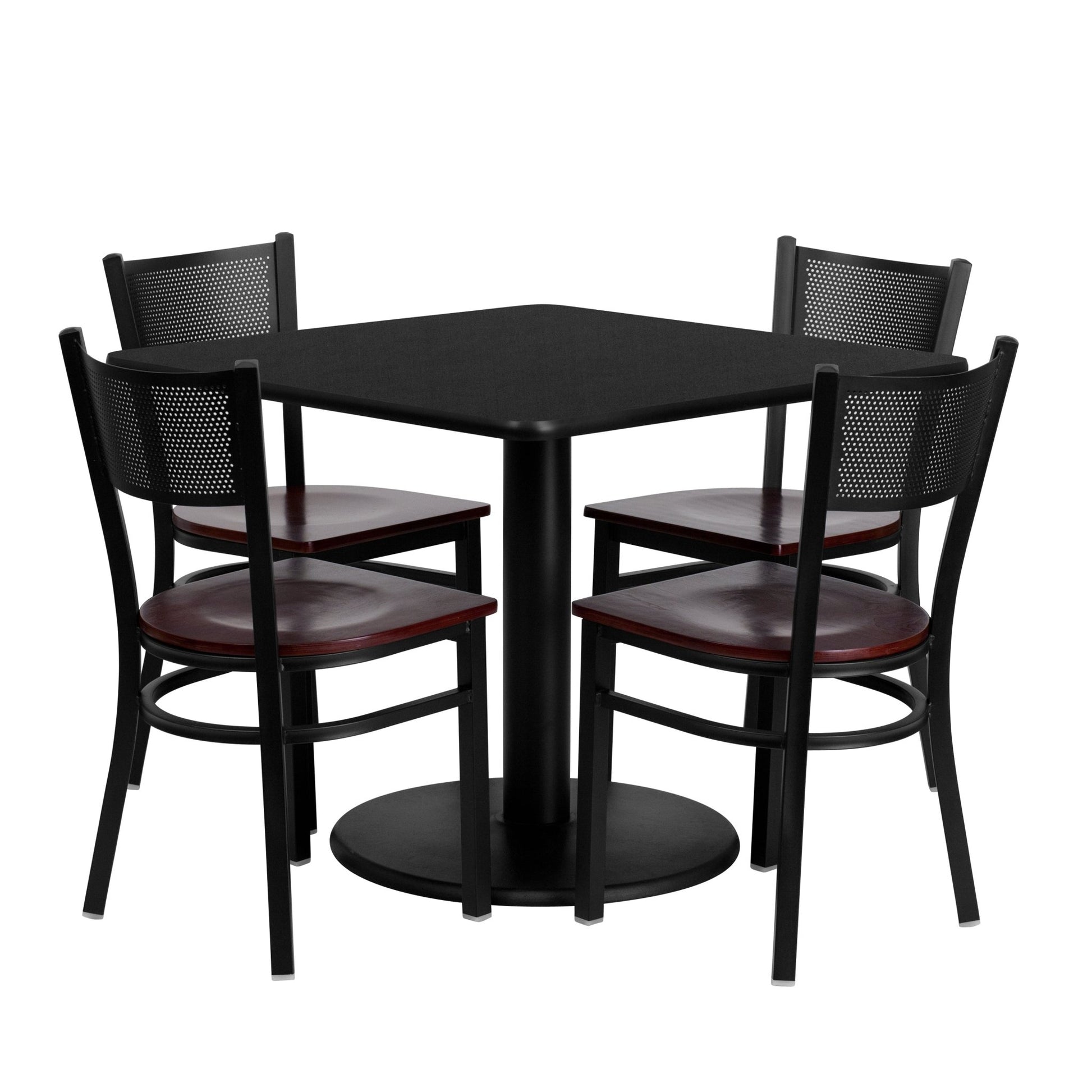 Clark 36'' Square Black Laminate Table Set with 4 Grid Back Metal Chairs - Mahogany Wood Seat by Flash Furniture - SchoolOutlet