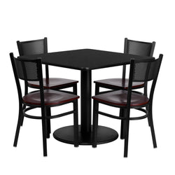 Clark 36'' Square Black Laminate Table Set with 4 Grid Back Metal Chairs - Mahogany Wood Seat by Flash Furniture