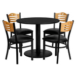 Clark 36'' Round Black Laminate Table Set with 4 Wood Slat Back Metal Chairs - Black Vinyl Seat by Flash Furniture - SchoolOutlet