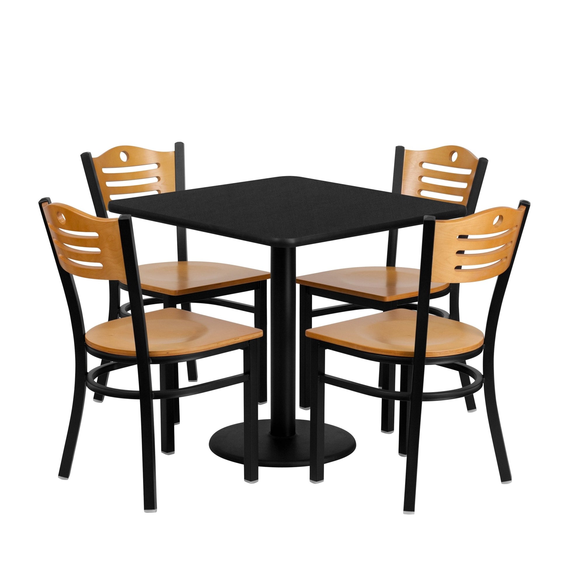 Clark 30'' Square Black Laminate Table Set with 4 Wood Slat Back Metal Chairs - Natural Wood Seat by Flash Furniture - SchoolOutlet