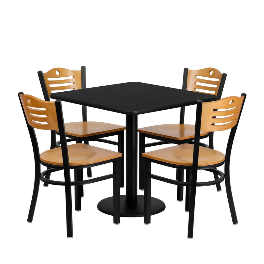 Clark 30'' Square Black Laminate Table Set with 4 Wood Slat Back Metal Chairs - Natural Wood Seat by Flash Furniture - SchoolOutlet