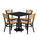 Clark 30'' Square Black Laminate Table Set with 4 Wood Slat Back Metal Chairs - Natural Wood Seat by Flash Furniture - SchoolOutlet