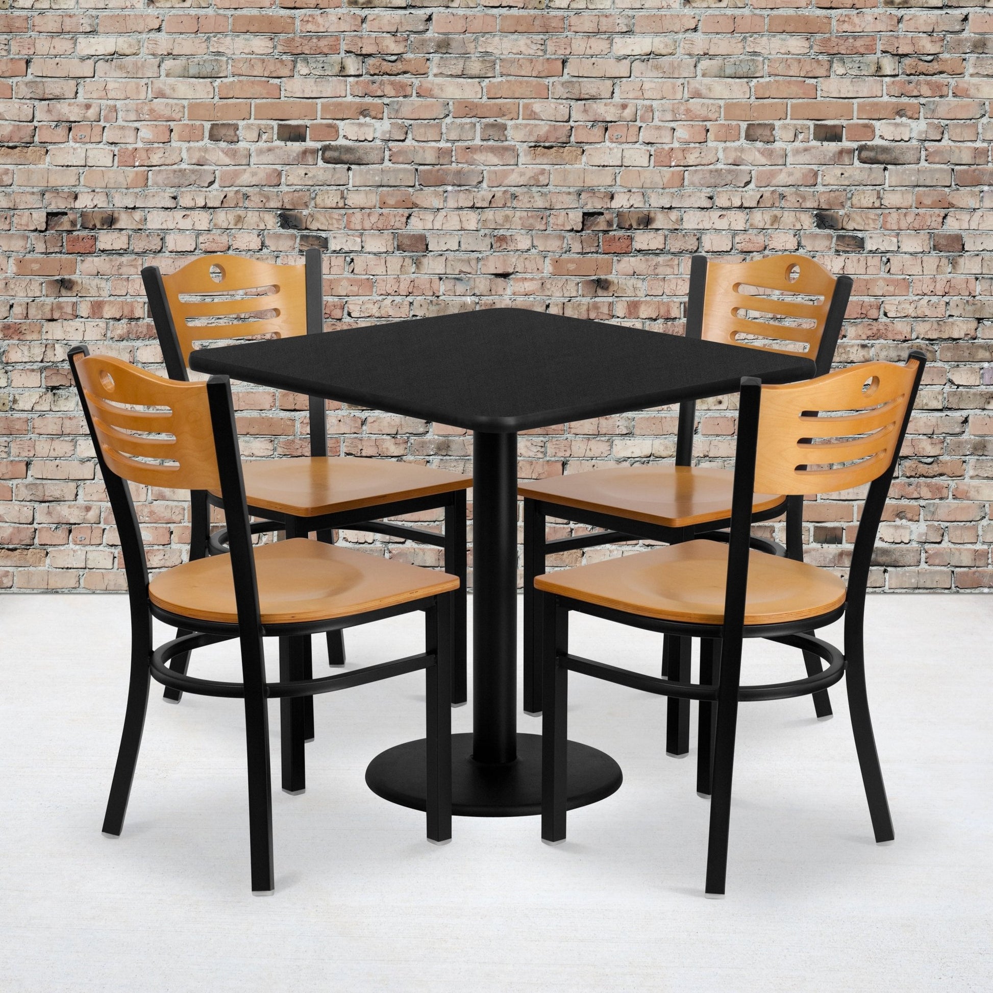 Clark 30'' Square Black Laminate Table Set with 4 Wood Slat Back Metal Chairs - Natural Wood Seat by Flash Furniture - SchoolOutlet