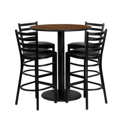 Clark 36'' Round Walnut Laminate Table Set with 4 Ladder Back Metal Barstools - Black Vinyl Seat by Flash Furniture