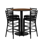 Clark 36'' Round Walnut Laminate Table Set with 4 Ladder Back Metal Barstools - Black Vinyl Seat by Flash Furniture - SchoolOutlet
