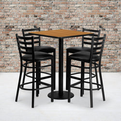 Clark 30'' Square Natural Laminate Table Set with 4 Ladder Back Metal Barstools - Black Vinyl Seat by Flash Furniture