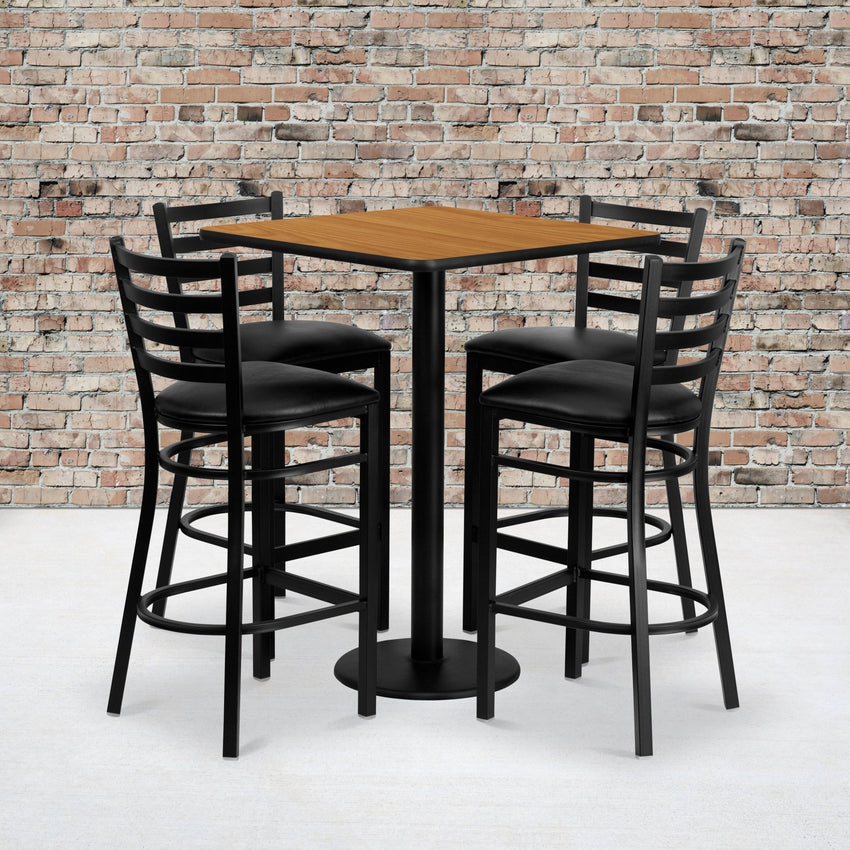 Clark 30'' Square Natural Laminate Table Set with 4 Ladder Back Metal Barstools - Black Vinyl Seat by Flash Furniture - SchoolOutlet